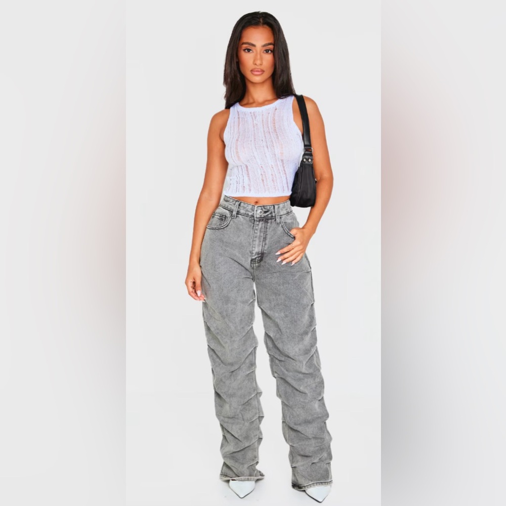 PrettyLittleThing Gray Ruched Straight Leg Denim Jeans Women 6 NWT $89 High Rise